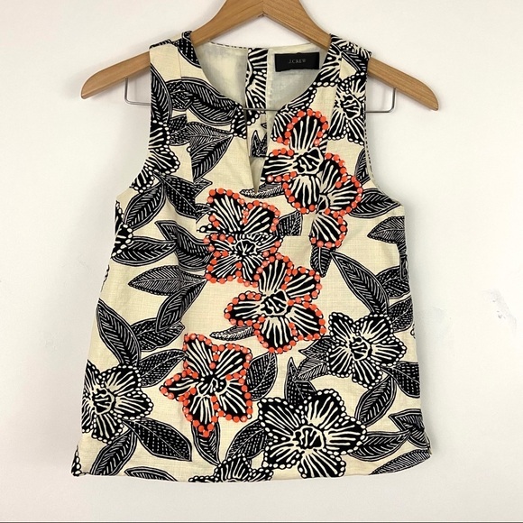 J. Crew Notch Shell Embellished Polynesian Beaded Top Cotton Blend Sleeveless 0 - Picture 2 of 10